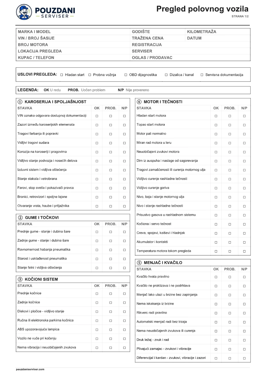Prva strana Pouzdani Serviser check liste za pregled polovnog vozila